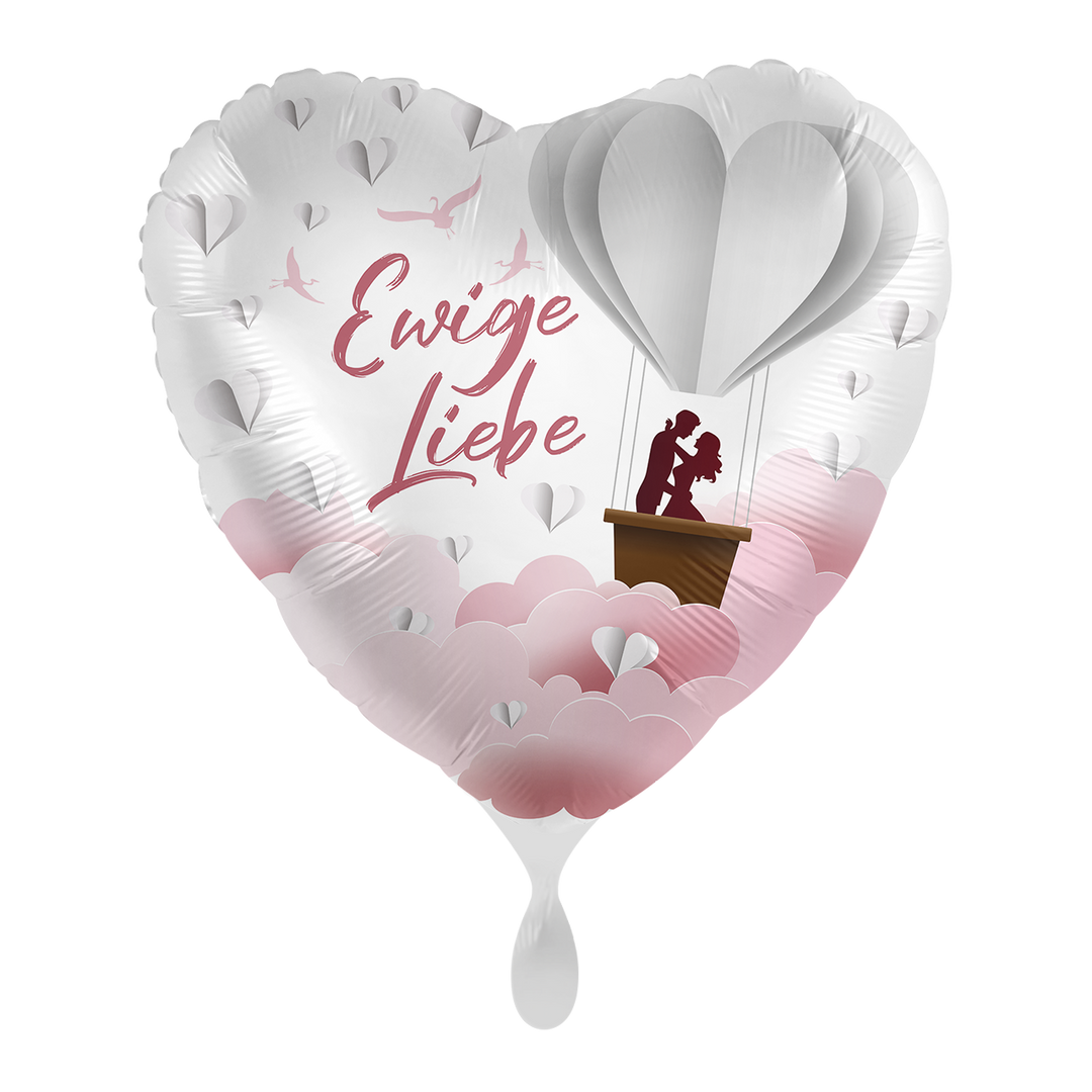 Herz-Folienballon „Ewige Liebe“ mit romantischem Heißluftballon-Motiv, ca. 43 cm – erhältlich bei HeyBalloon Viersen