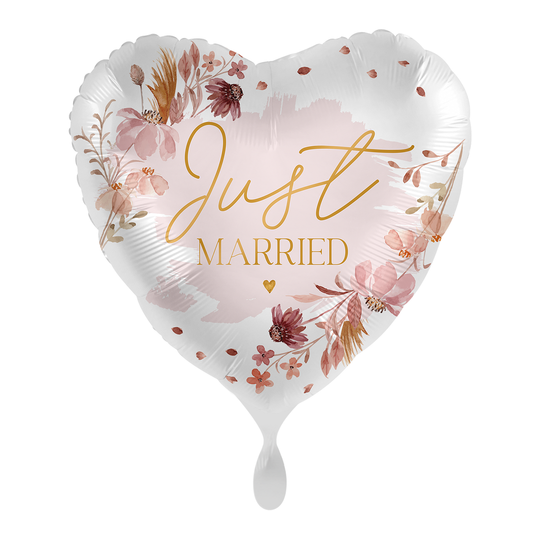 Hochzeitsballon Herz 43 cm – Folienballon „Just Married“ mit Blumenmotiv in Rosa und Gold