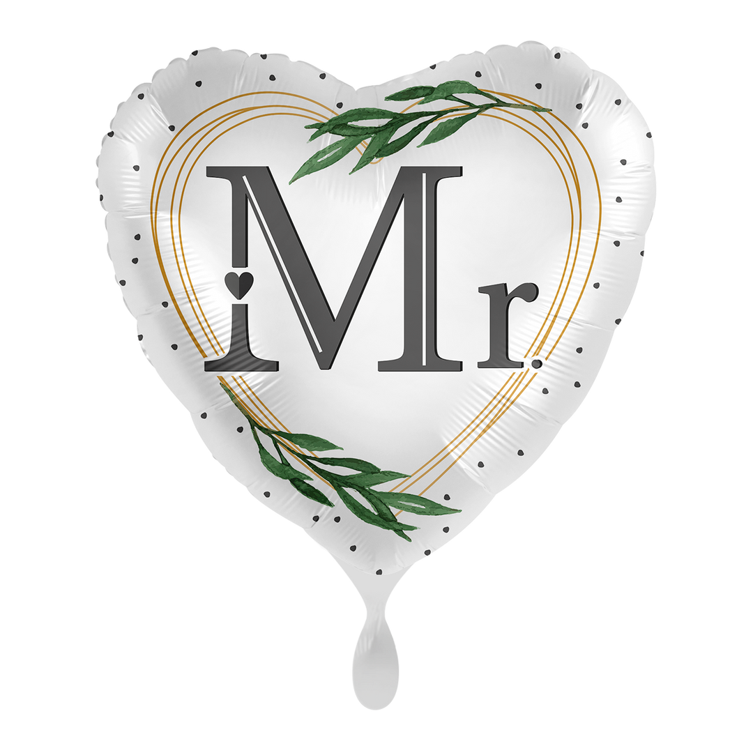 Hochzeitsballon Herz „Mr.“ – eleganter Folienballon 43 cm in Weiß mit Goldlinien und Blättern bei HeyBalloon Viersen nahe Mönchengladbach, Krefeld, Düsseldorf