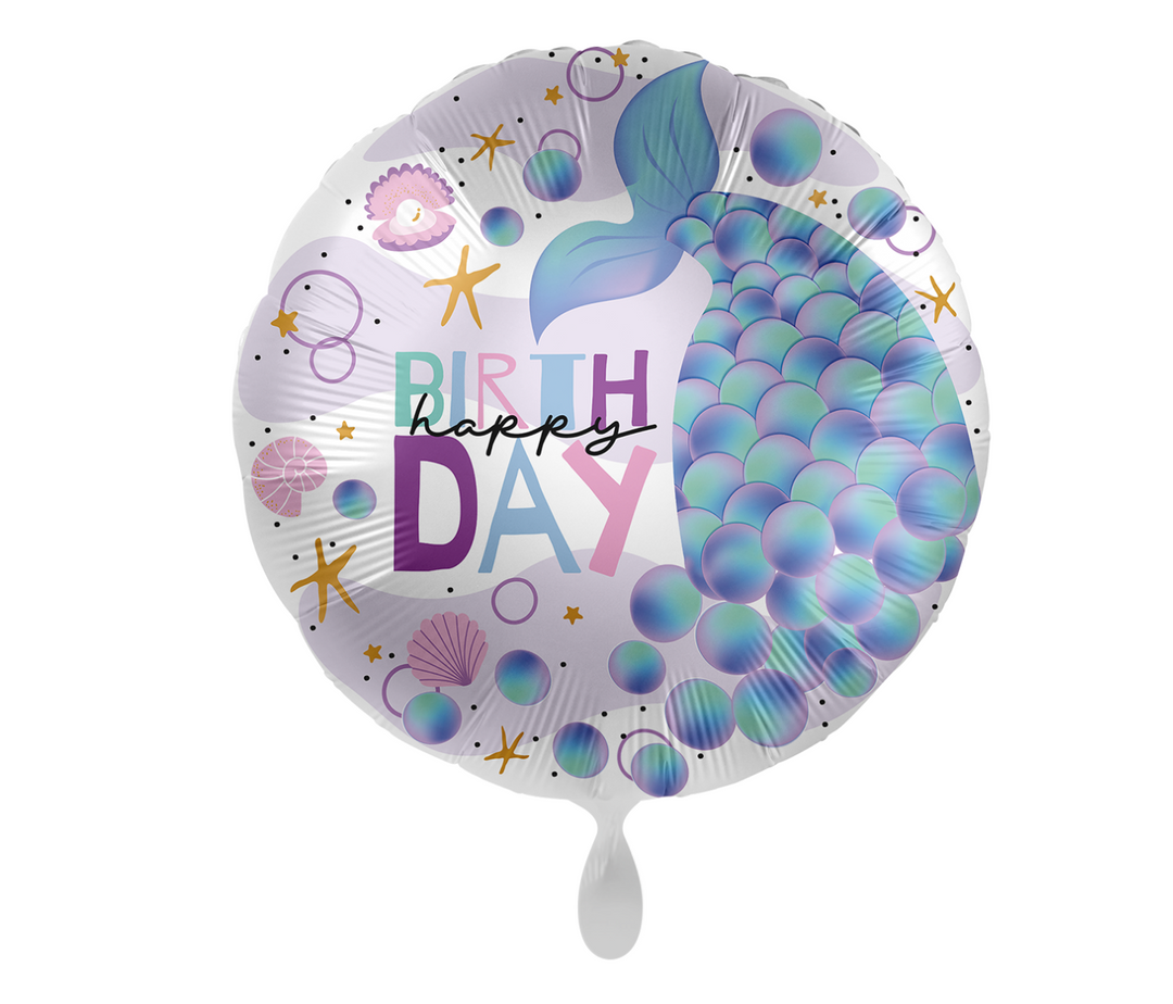 Runder Meerjungfrau-Folienballon in Lila mit Flosse und Happy Birthday Aufschrift, 43 cm