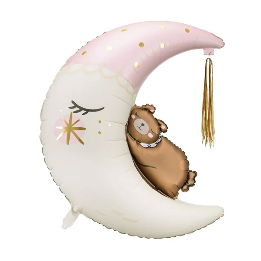 Folienballon Mond mit schlafendem Teddybär – 91 x 76 cm, in Weiß, Rosa und Gold