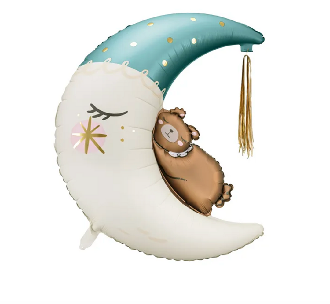 Folienballon Mond mit Teddybär – 91 x 76 cm, mit türkiser Schlafmütze und goldenen Details