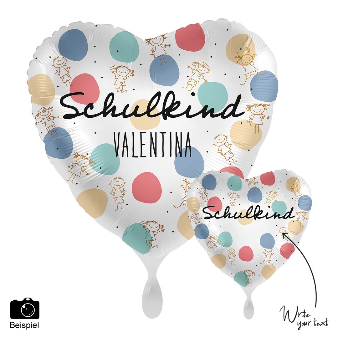 Herzförmiger Folienballon Ø 43cm mit bunten Punkten, Aufschrift „Schulkind“ und individuellem Namen