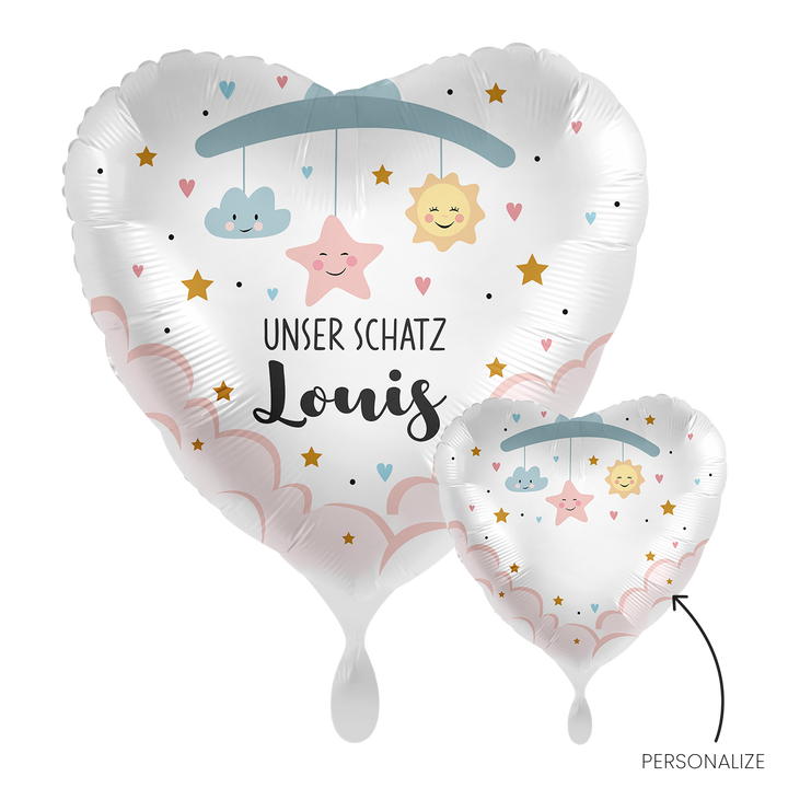 Personalisierter Herzballon 43 cm – Folienballon Weiß/Rosa mit Motiv „Unser Schatz“ und Wunschname