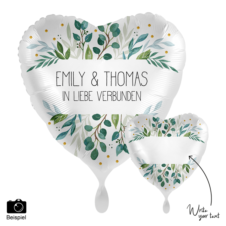 Personalisierter Herzballon 43 cm – Weißer Folienballon mit Eukalyptus-Motiv und Wunschtext für Hochzeit oder Jahrestag
