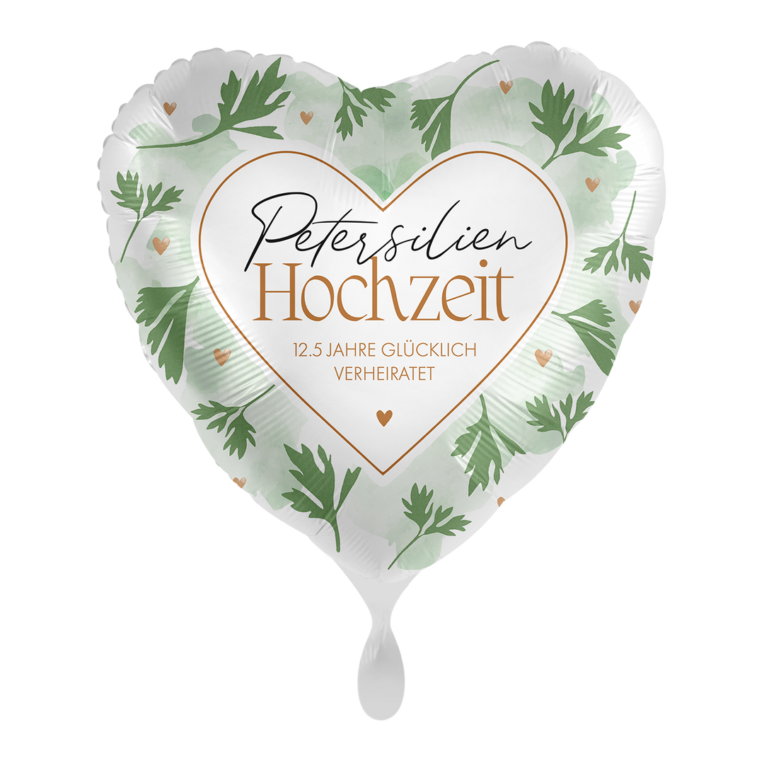 Petersilienhochzeit Herzballon 43 cm – Folienballon mit Aufdruck „12,5 Jahre glücklich verheiratet“ und grünem Petersilien-Design
