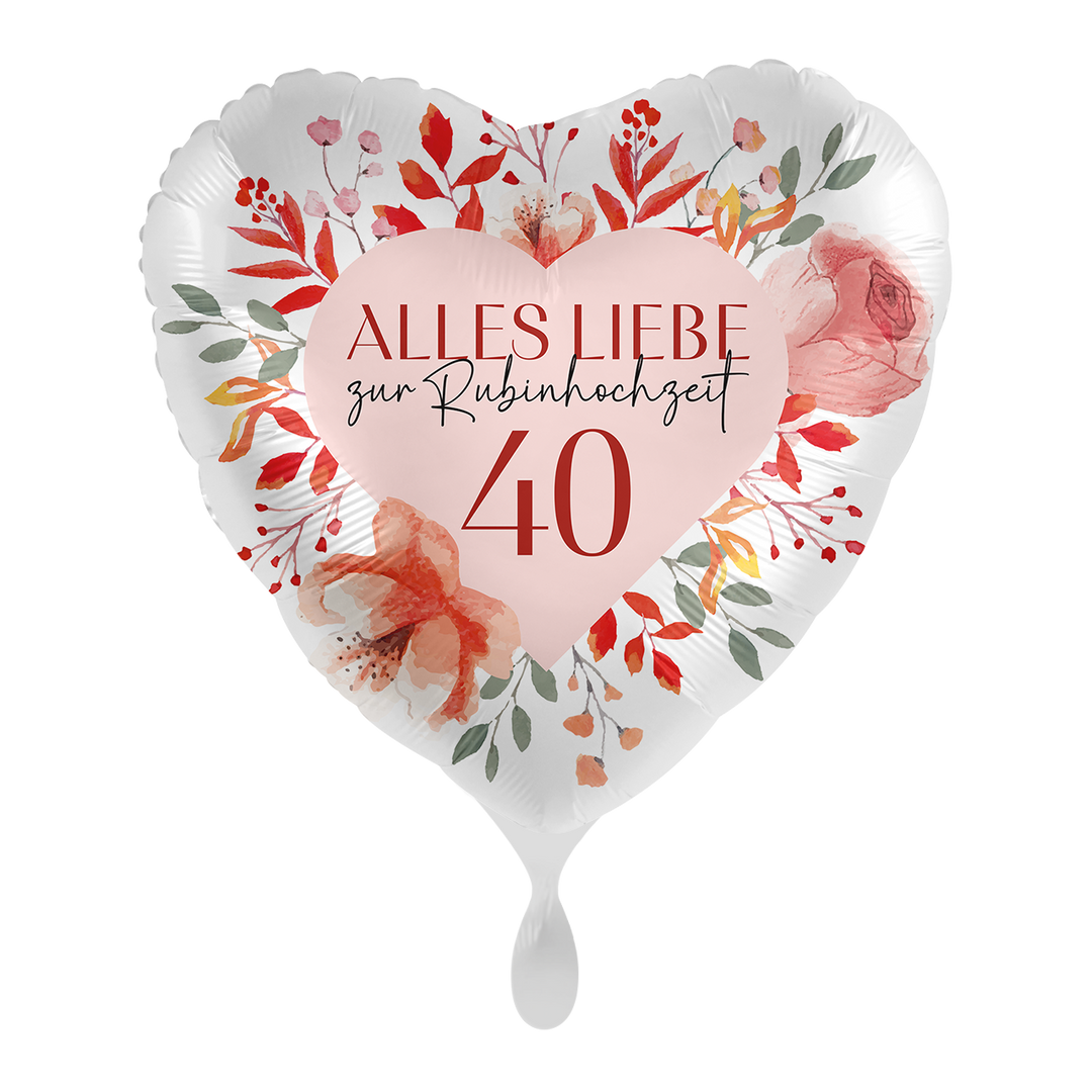 Rubinhochzeit Herzballon 43 cm – Folienballon mit rotem Blumendesign und Aufdruck „Alles Liebe zur Rubinhochzeit 40“