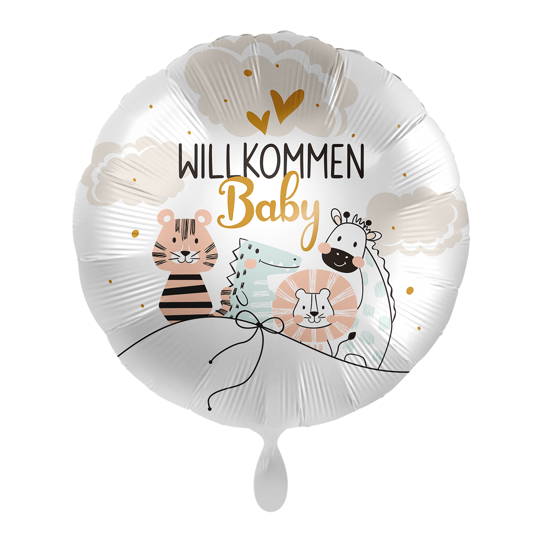 Runder Folienballon 71 cm in Weiß mit Safari-Tieren und Aufdruck „Willkommen Baby“