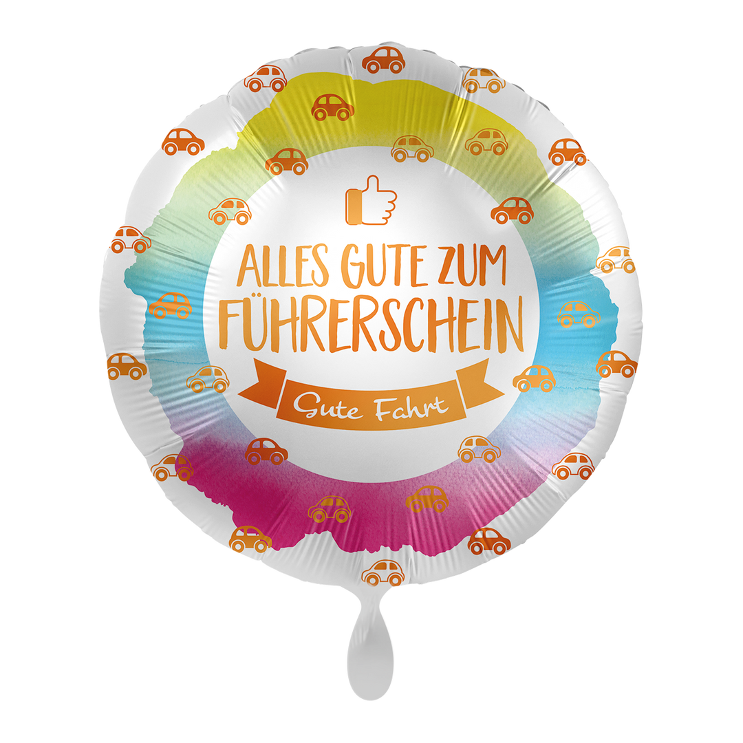 Wer den Führerschein bestanden hat, der hat auch einen schönen Ballon verdient! Folienballon ist beschriftet mit " Alles Gute zum Führerschein - Gute Fahrt" in schönen bunten Farben mit vielen kleinen Autos bedruckt. Der Ballon hat ein Automatikschließventil und kann mehrfach mit Helium oder Luft gefüllt werden. 