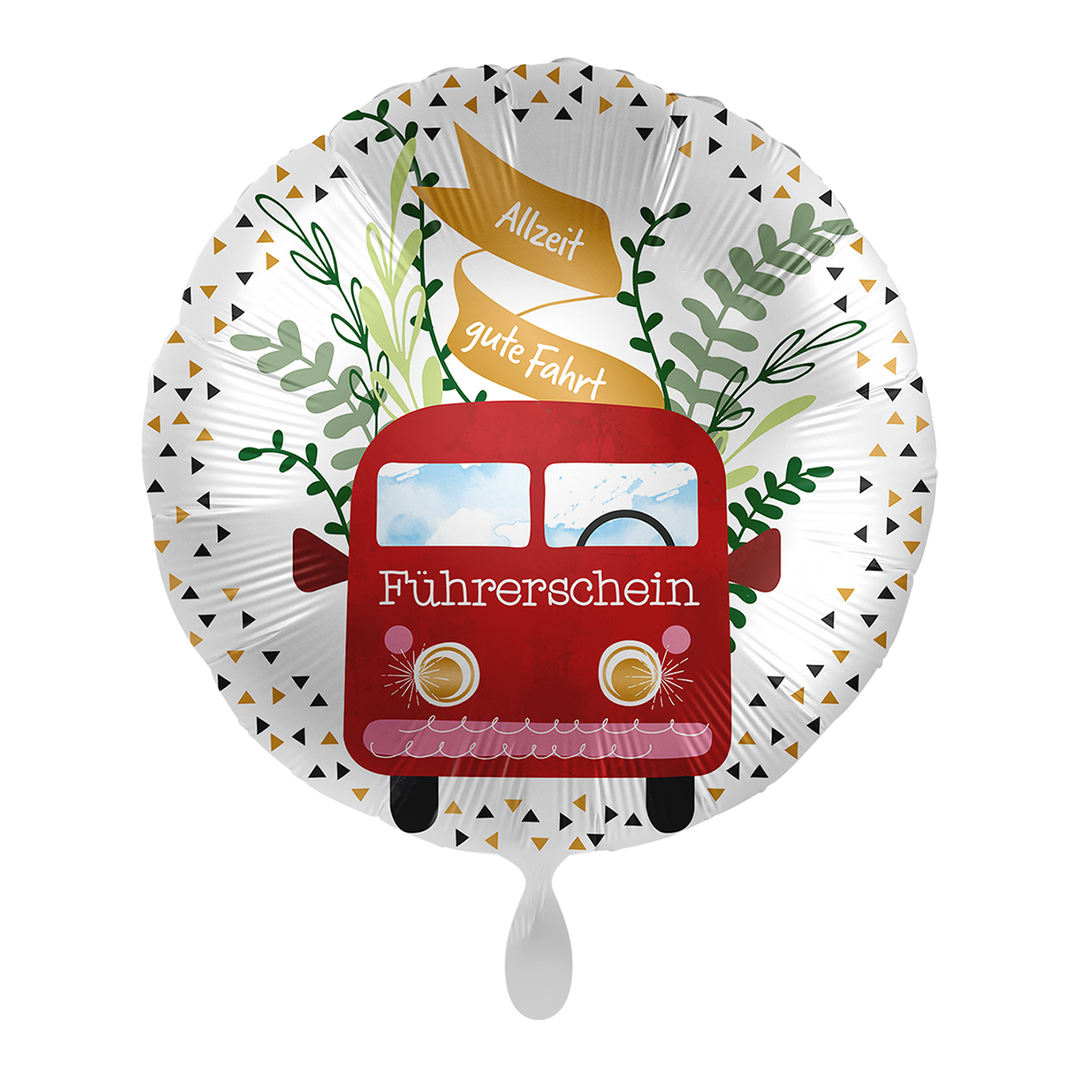 Wer den Führerschein bestanden hat, der hat auch einen schönen Ballon verdient!  Folienballon ist beschriftet mit "Allzeit gute Fahrt - Führerschein" Ein Auto ist abgebildet mit grünen Zweigen als Verzierung.   Der Ballon hat ein Automatikschließventil und kann mehrfach mit Helium oder Luft gefüllt werden.  