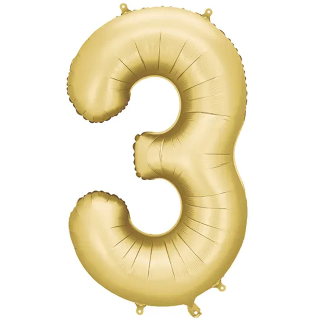 Großer Zahlenballon 3 in gold matt, 86 cm – ideal für Geburtstag, Jubiläum, Hochzeit oder Firmenfeier – mit Helium oder Luft befüllbar