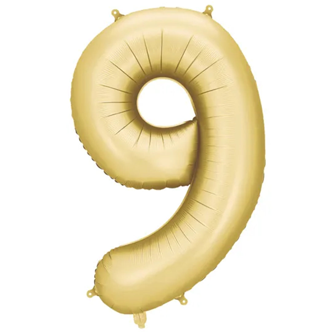 Großer Zahlenballon 9 in gold matt, 86 cm – ideal für Geburtstag, Jubiläum, Hochzeit oder Firmenfeier – mit Helium oder Luft befüllbar