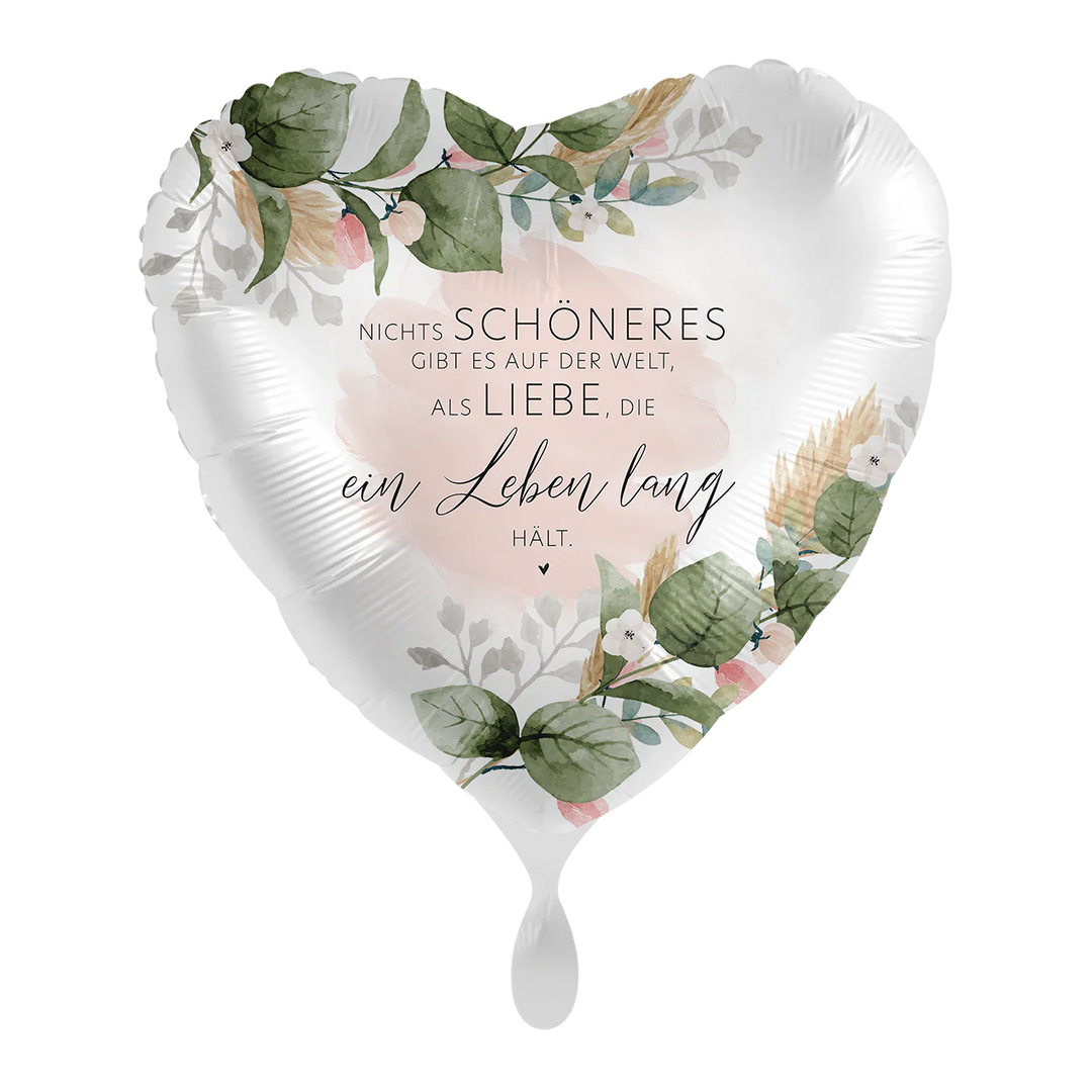 Herzballon mit Blumenmotiv und Spruch „Liebe, die ein Leben lang hält“ – stilvolle Hochzeitsdekoration von HeyBalloon