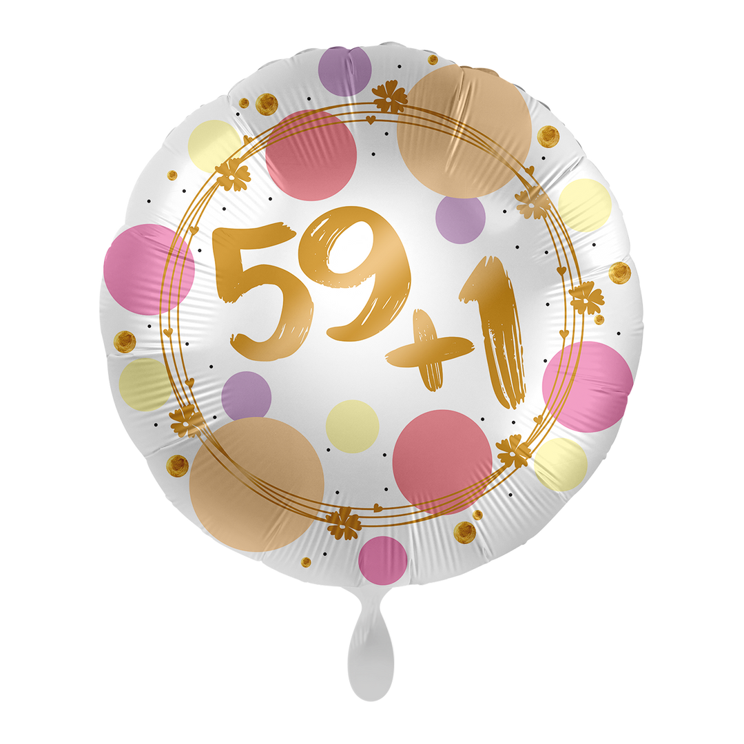 Runder Folienballon mit Aufschrift ‚59+1‘ in buntem Design – Jubiläum oder runder Geburtstag