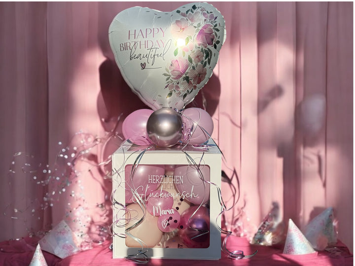 Ballonbox in Rosa mit Herzballon – Happy Birthday – personalisiert und dekoriert für Geburtstagsfeiern