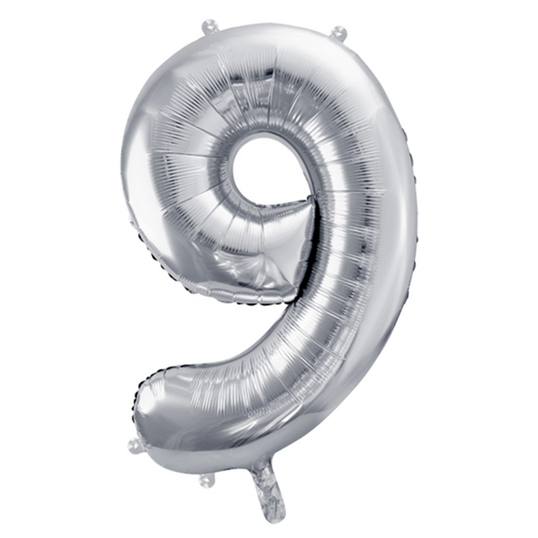 Großer Zahlenballon 9 in silber, 86 cm – ideal für Geburtstag, Jubiläum, Hochzeit oder Firmenfeier – mit Helium oder Luft befüllbar
