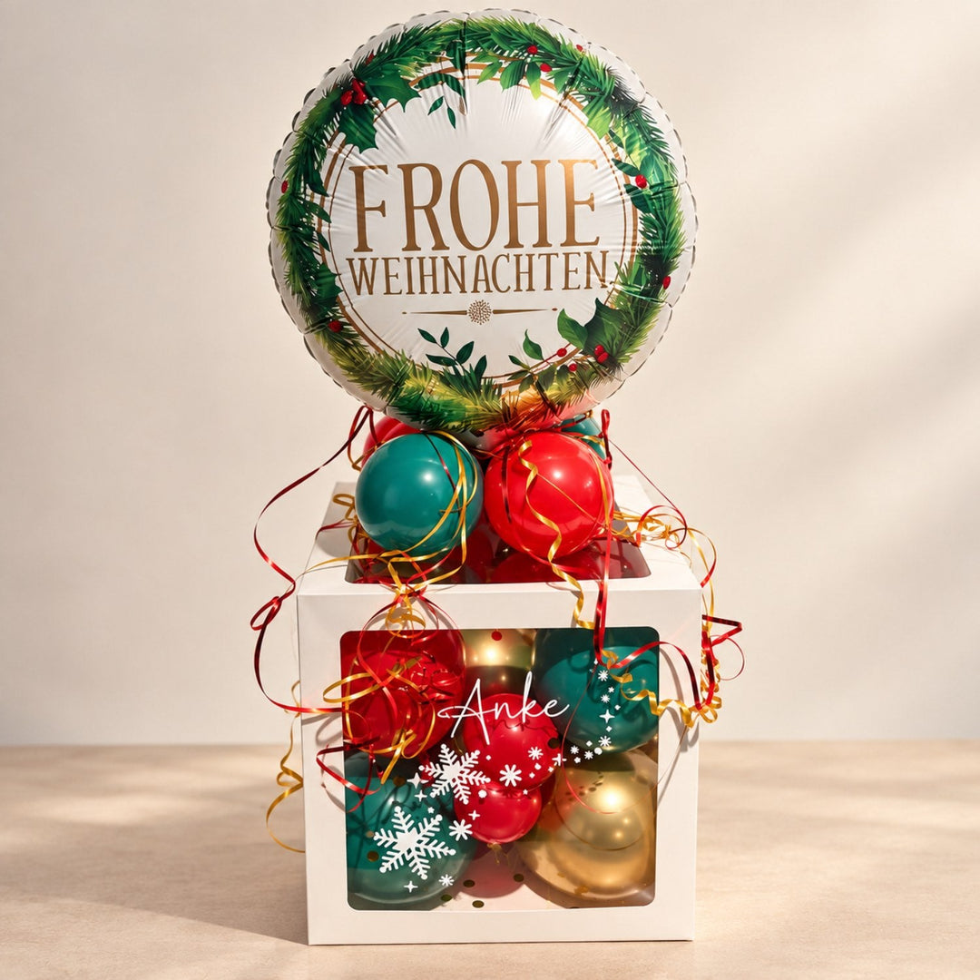 Personalisierte Ballonbox zu Weihnachten als Geldgeschenk mit Frohe-Weihnachten-Ballon und Wunschname