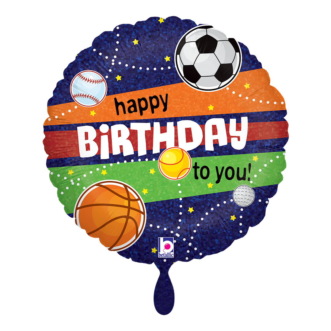 Runder Folienballon mit bunten Streifen und Sportmotiven (Fußball, Basketball, Tennisball, Baseball, Golfball) sowie dem Schriftzug „Happy Birthday to you!“.
