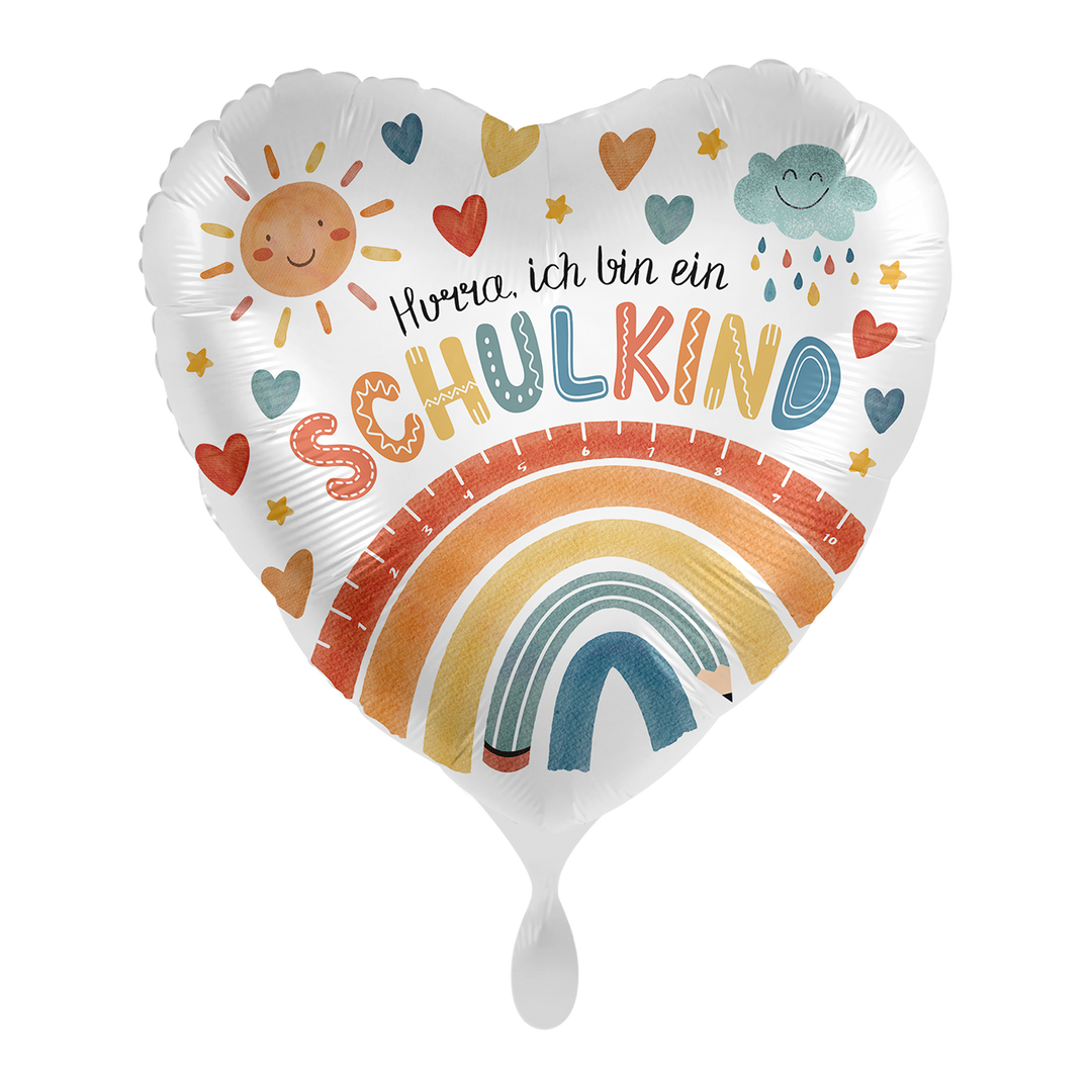 Folienballon Einschulung „Hurra ich bin ein Schulkind“ – Regenbogen Herz