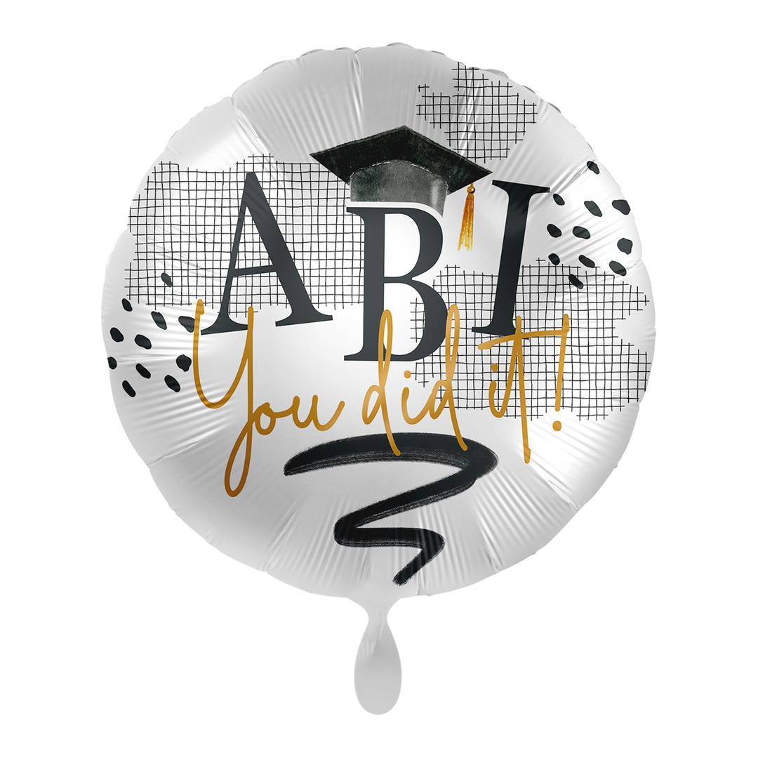Runder Folienballon „Abi – You did it!“ in Weiß mit Absolventenhut und moderner Schrift, 71 cm
