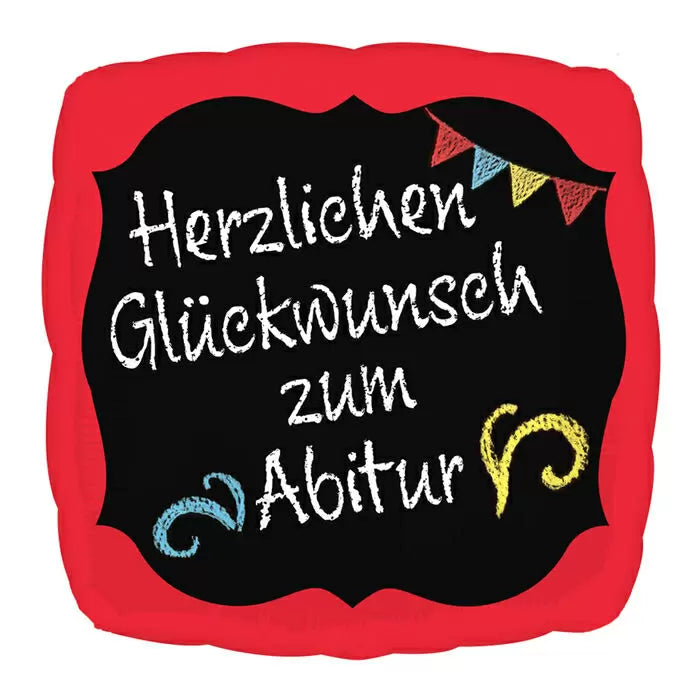Abitur-Ballon quadratisch, 45 cm, mit rotem Rand und Aufschrift „Herzlichen Glückwunsch zum Abitur“