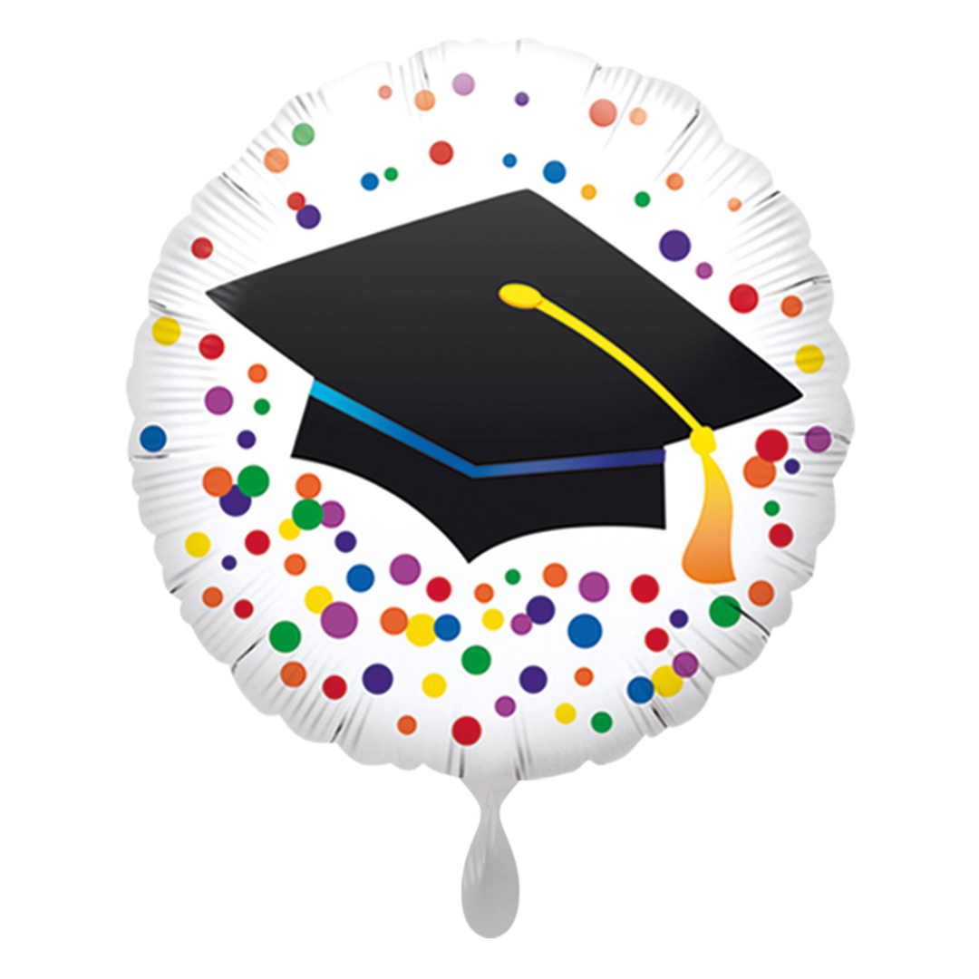 Runder Folienballon mit Absolventenhut und bunten Konfetti-Punkten, 43 cm
