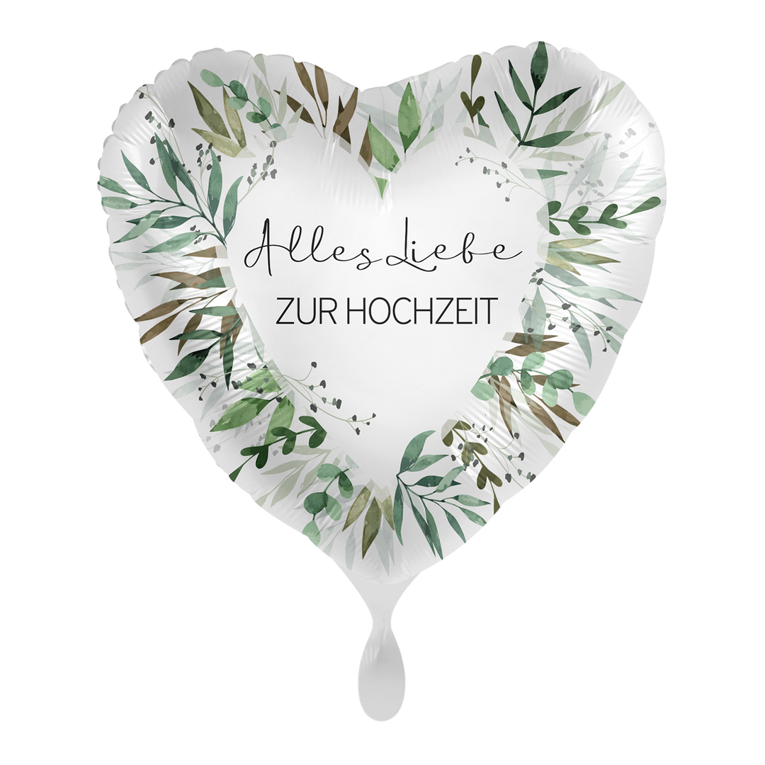 Herz-Folienballon „Alles Liebe zur Hochzeit“ mit Blätterkranz, 43 cm – HeyBalloon Viersen