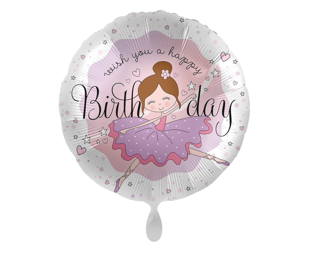 Runder Folienballon 43 cm mit Ballerina-Motiv in Rosa und „Happy Birthday“-Aufschrift