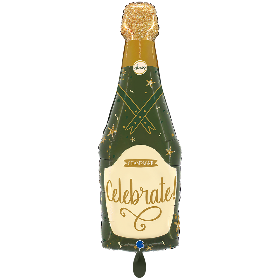 Ein Ballon in Form einer Champagner Flasche mit dem Wort Celebrate und Champagne in grüß und beige
