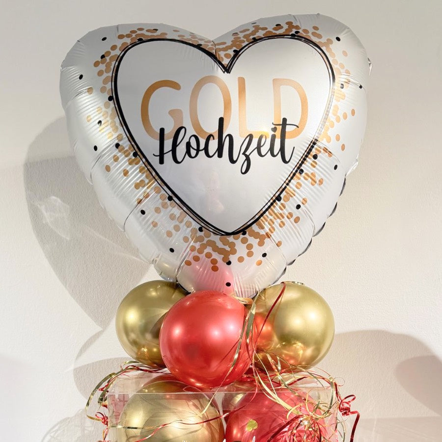 Ballonbox zur Goldhochzeit in Rot und Gold mit personalisiertem Namen und Herz-Highlightballon „Gold Hochzeit