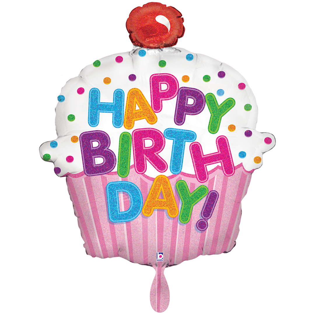 Ein bunter Ballon in Form eines Cupcakes und dem Wort HappyBirthday