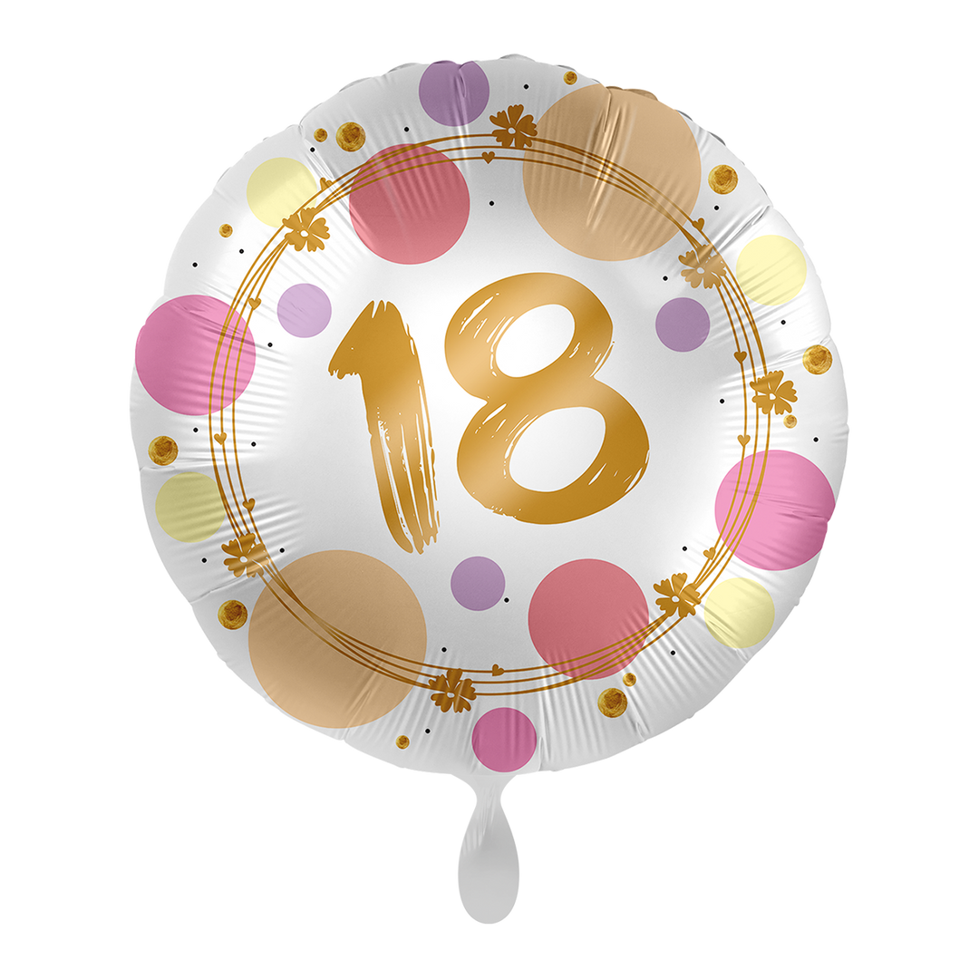 Runder Folienballon „18“ für den 18. Geburtstag, buntes Konfetti-Design mit goldener Schrift, ca. 43 cm – HeyBalloon Viersen

