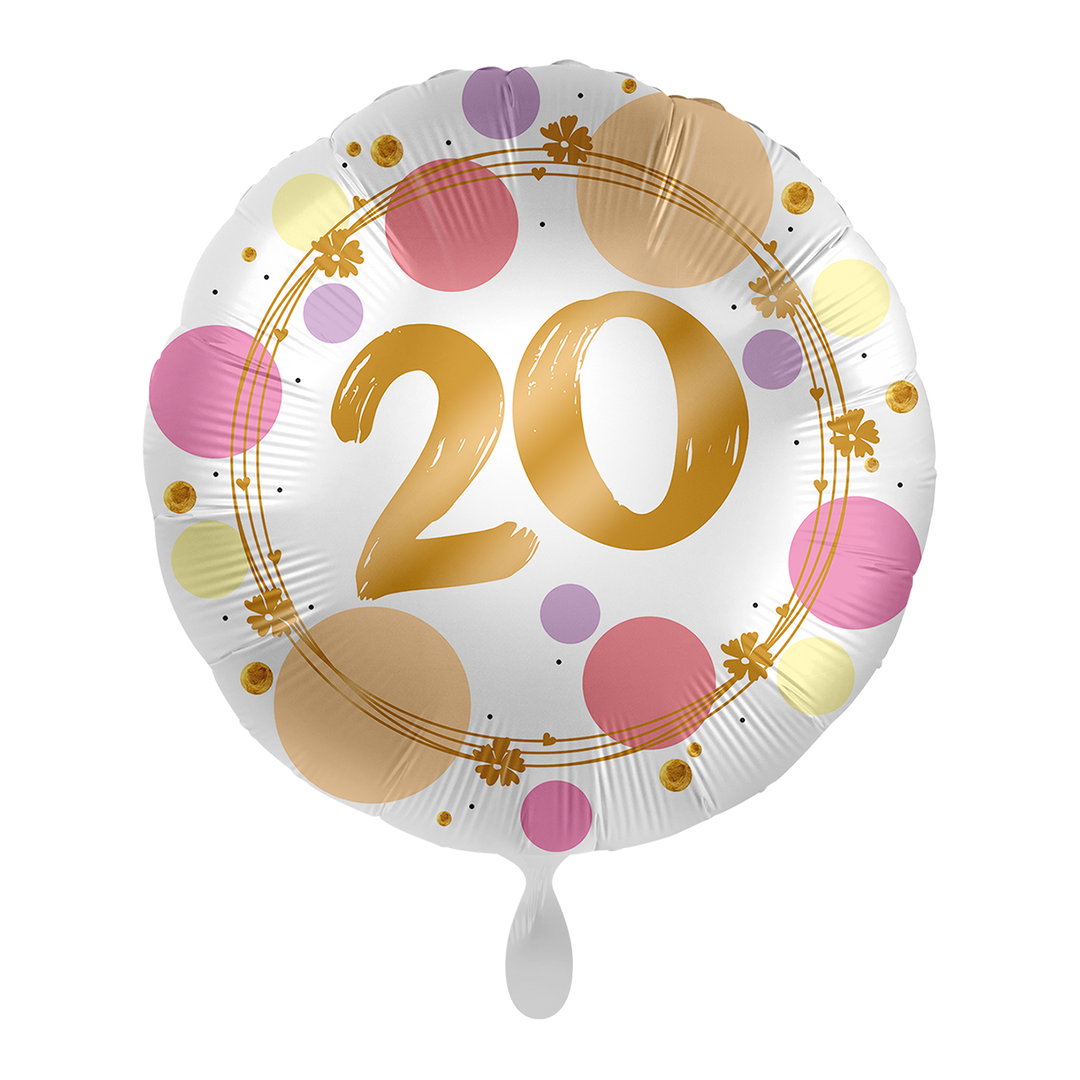 Runder Folienballon „20“ für den 20. Geburtstag, buntes Konfetti-Design mit goldener Schrift, ca. 43 cm – HeyBalloon Viersen