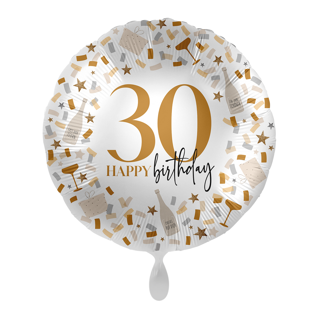 Runder Folienballon „30 Happy Birthday“ in Weiß-Gold mit Konfetti-Design – 43 cm