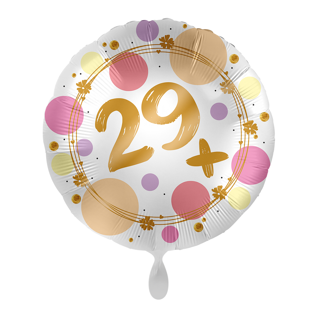 Runder Folienballon „29+“ für den 30. Geburtstag, buntes Konfetti-Design mit goldener Schrift, ca. 43 cm – HeyBalloon Viersen