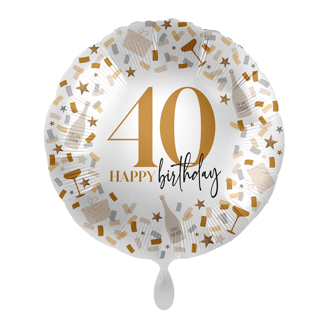 Runder Folienballon „40 Happy Birthday“ in Weiß-Gold mit Konfetti-Design – 43 cm
