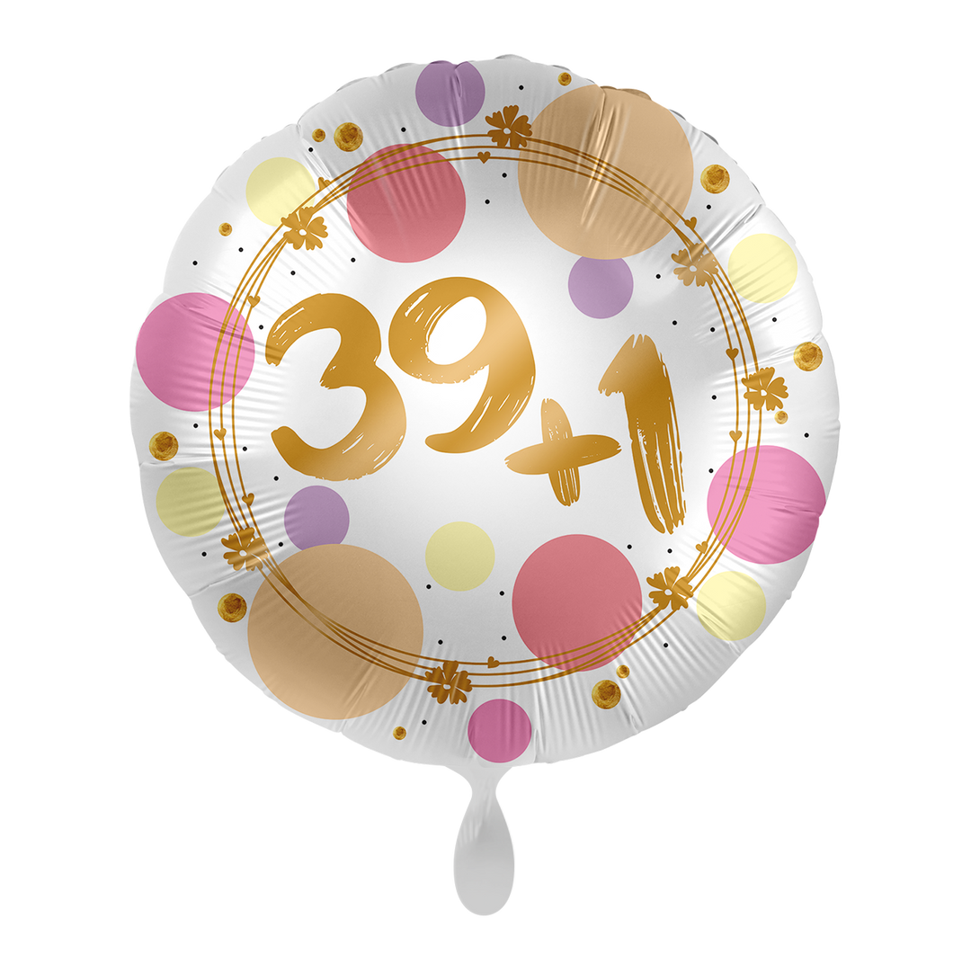 Runder Folienballon „39+1“ in Weiß mit goldener Schrift und buntem Konfetti-Design, ca. 43 cm – Geburtstagsballon von HeyBalloon Viersen