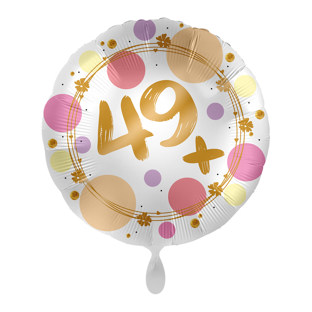 Runder Folienballon „49+“ für den 50. Geburtstag, buntes Konfetti-Design mit goldener Schrift, ca. 43 cm – HeyBalloon Viersen