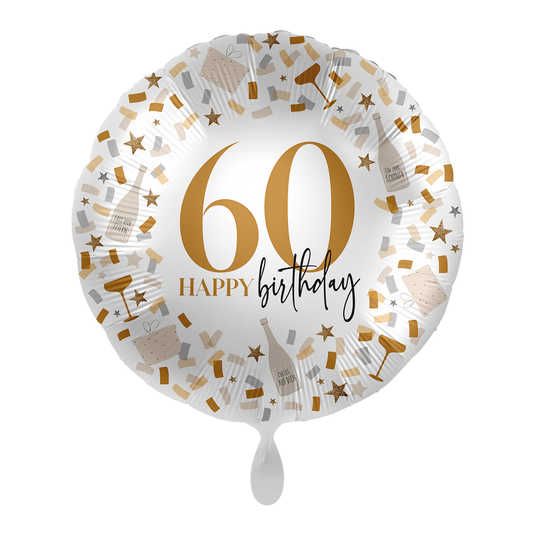 Runder Folienballon „60 Happy Birthday“ in Weiß-Gold mit Konfetti-Design – 43 cm