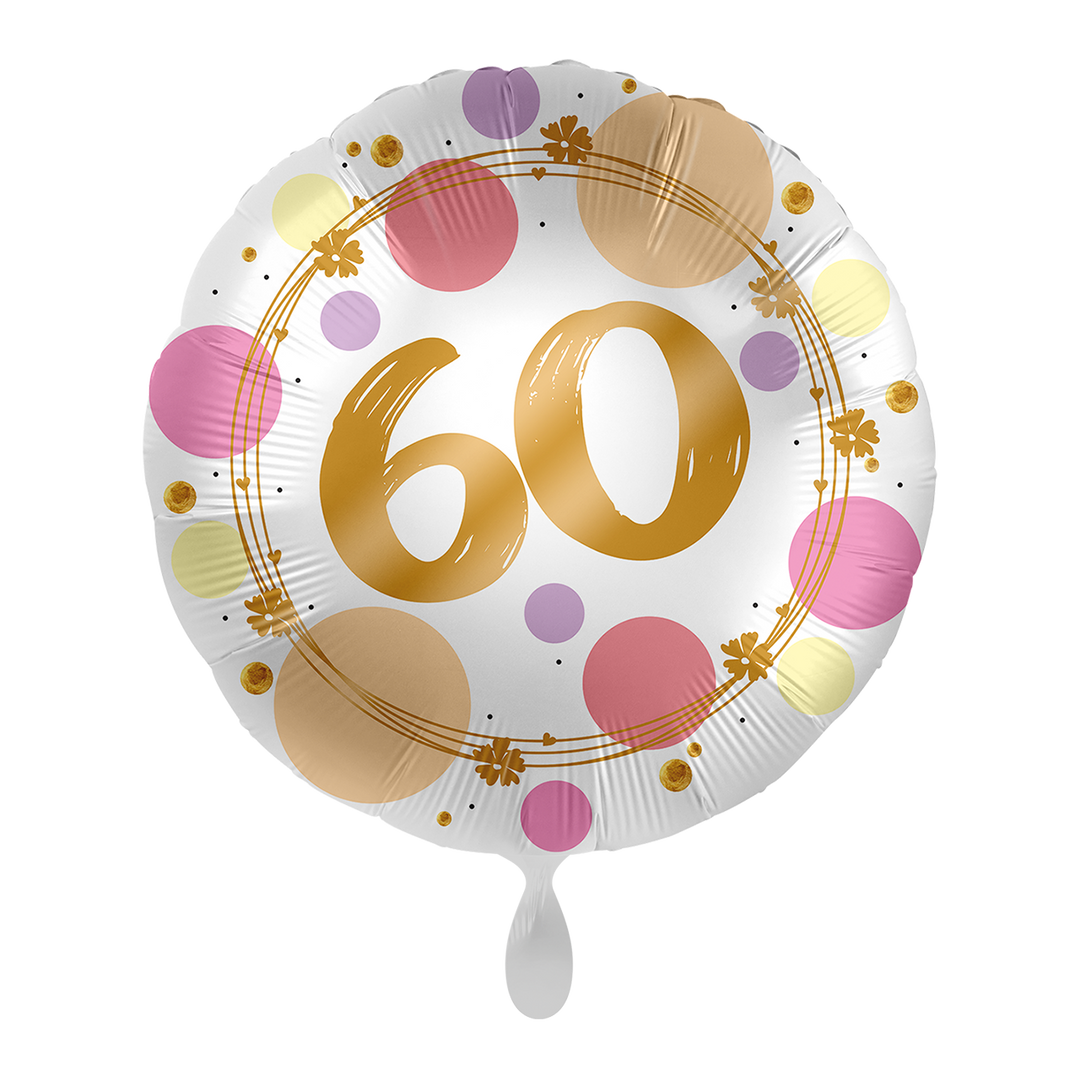 Runder Folienballon „60“ für den 60. Geburtstag, buntes Konfetti-Design mit goldener Schrift, ca. 43 cm – HeyBalloon Viersen