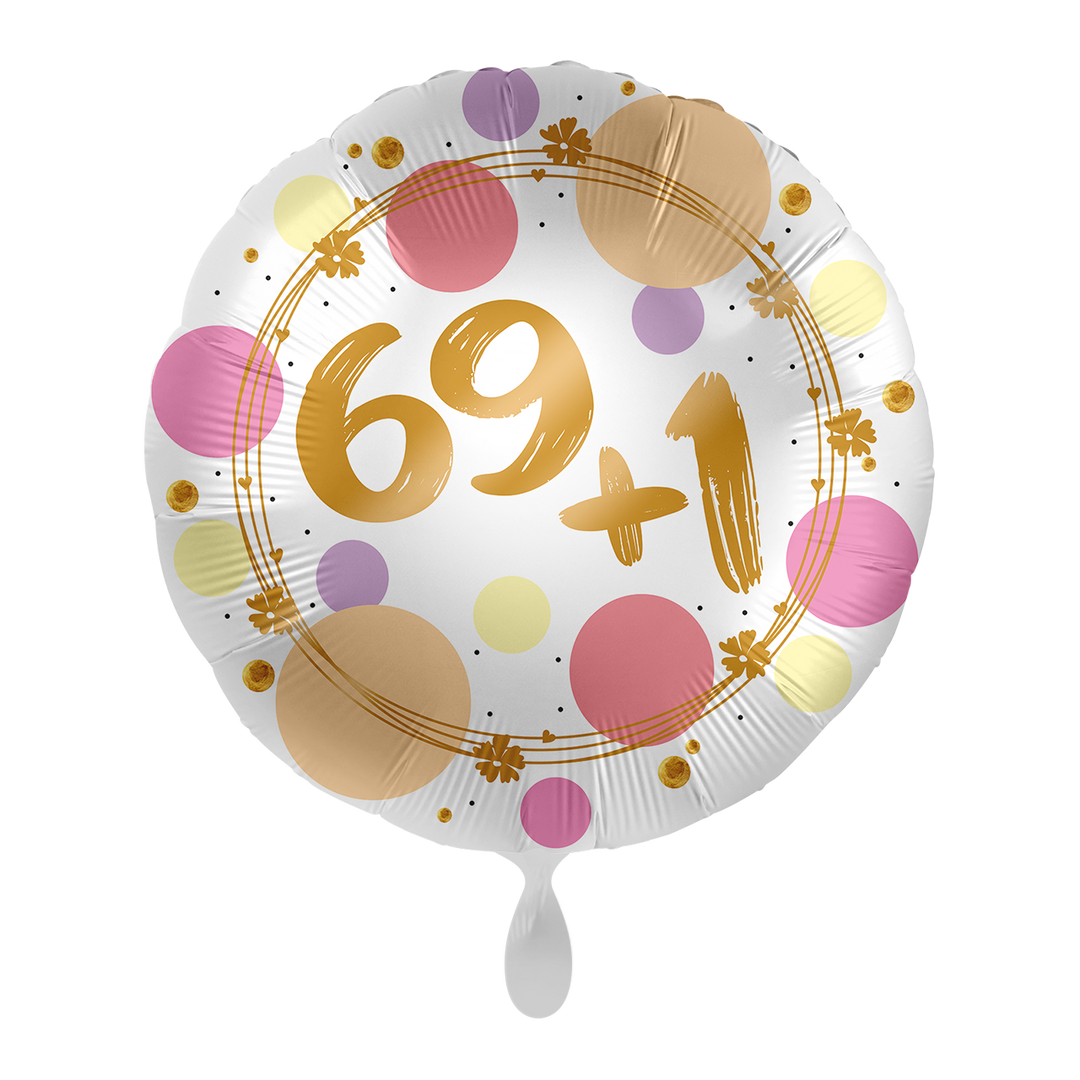 Runder Folienballon „69+1“ in Weiß mit goldener Schrift und buntem Konfetti-Design, ca. 43 cm – Geburtstagsballon von HeyBalloon Viersen
