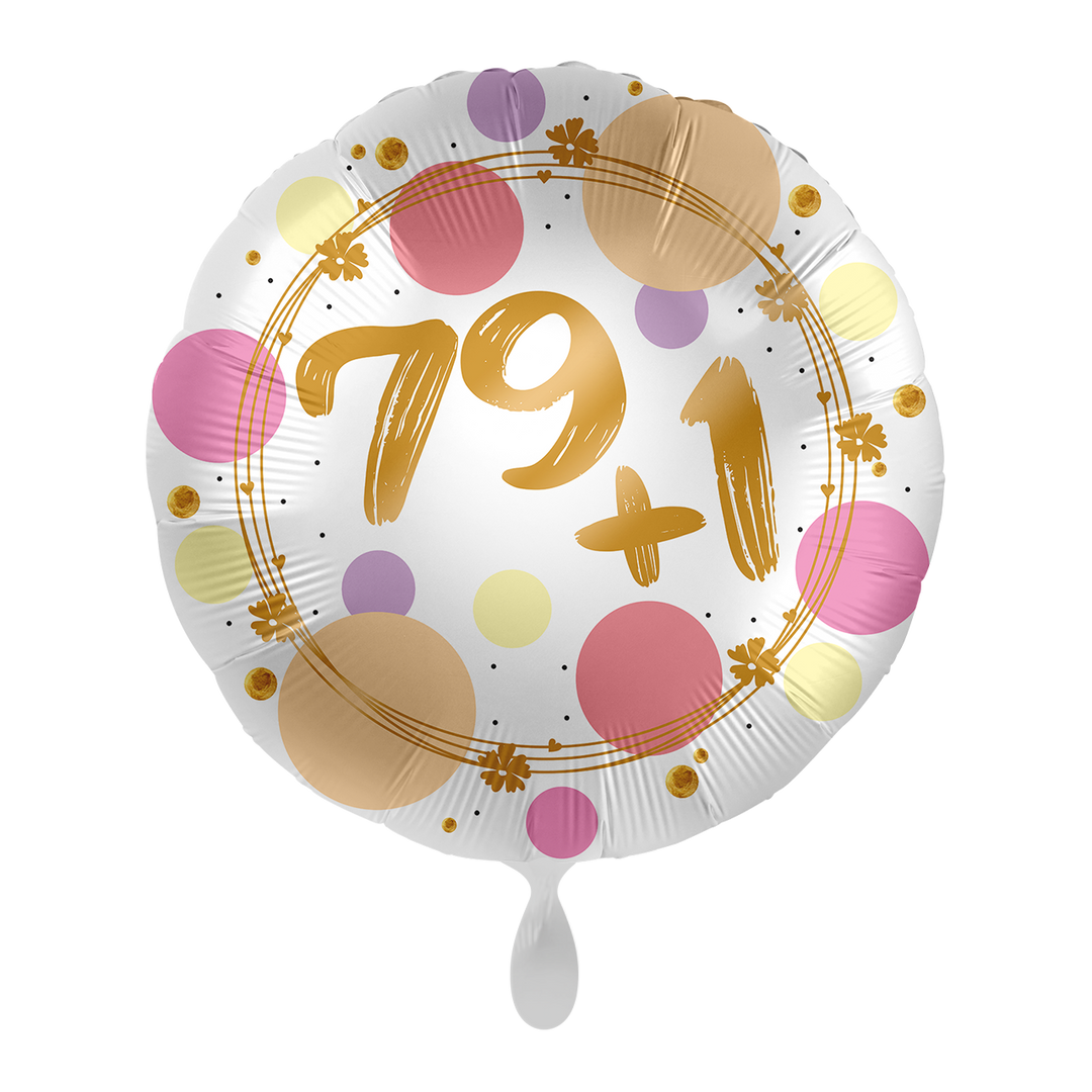 Runder Folienballon „79+1“ in Weiß mit goldener Schrift und bunten Punkten, ca. 43 cm – Geburtstagsballon von HeyBalloon Viersen