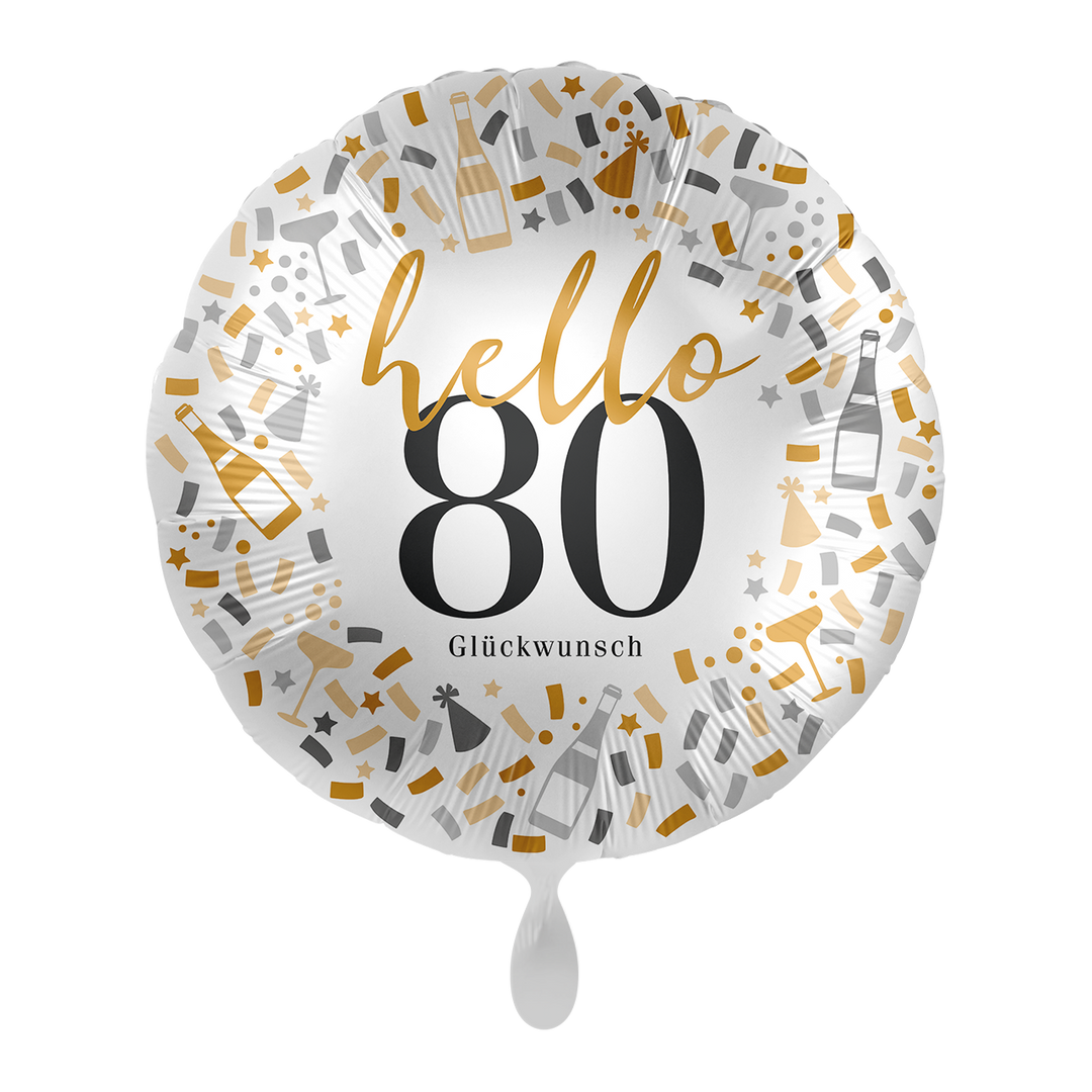 Runder Folienballon „80“ im Konfetti-Design in Gold, Silber und Schwarz, 43 cm, HeyBalloon Viersen
