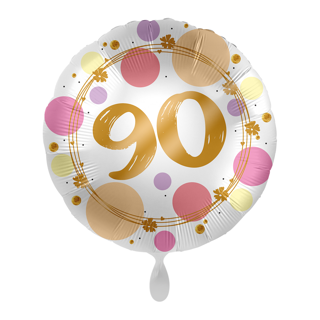 Runder Folienballon „90“ für den 90. Geburtstag, buntes Konfetti-Design mit goldener Schrift, ca. 43 cm – HeyBalloon Viersen