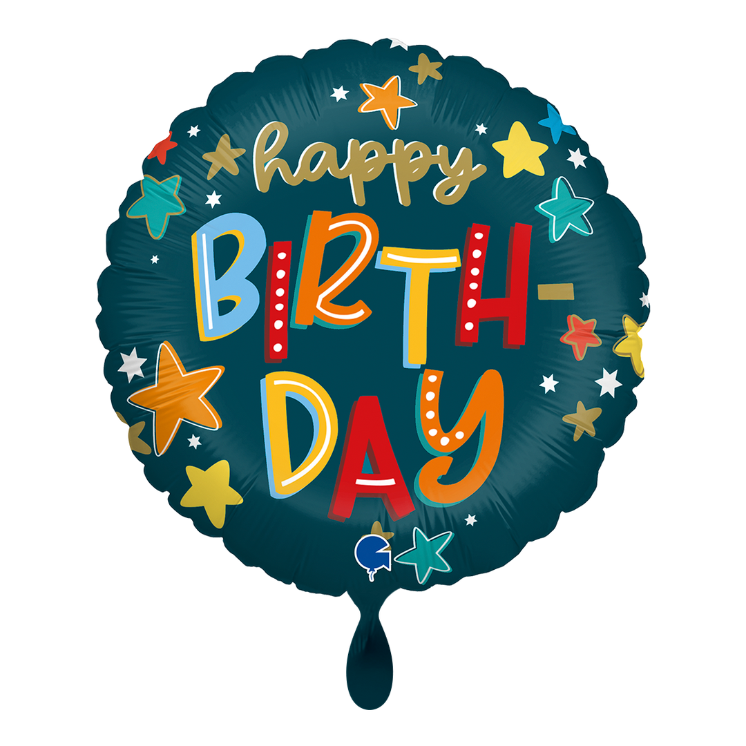 Dunkelgrün fast schon blauer Ballon mit Aufschrift Happy Birthday in bunt und Sternen drum herum 
