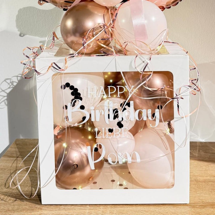 Ballonbox 50 Geburtstag mit roségoldenen Zahlenballons personalisiert