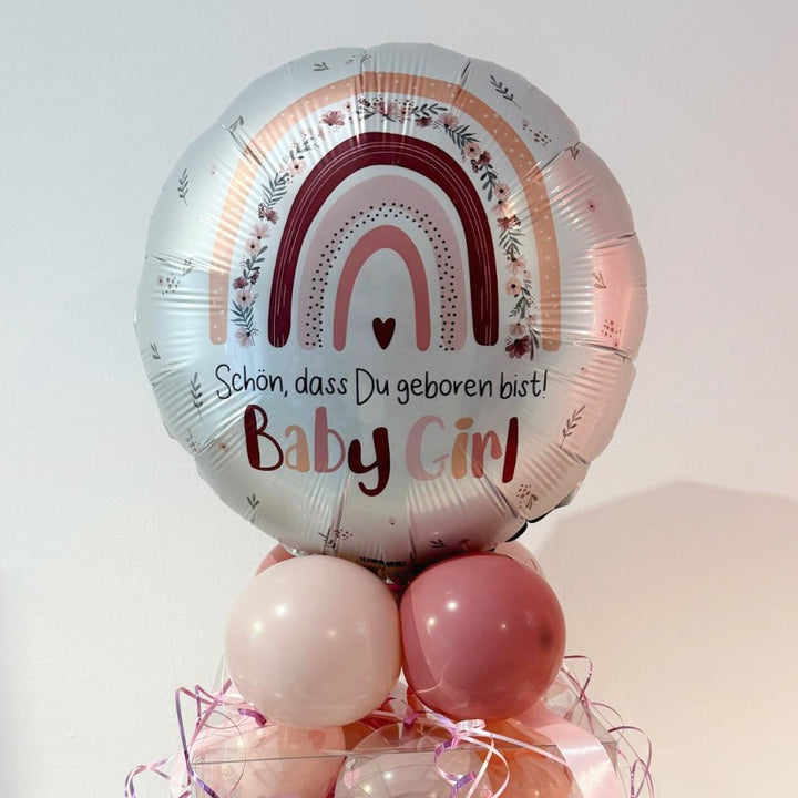 Personalisierte Ballonbox zur Geburt eines Baby Mädchens mit Name und Geburtsdatum