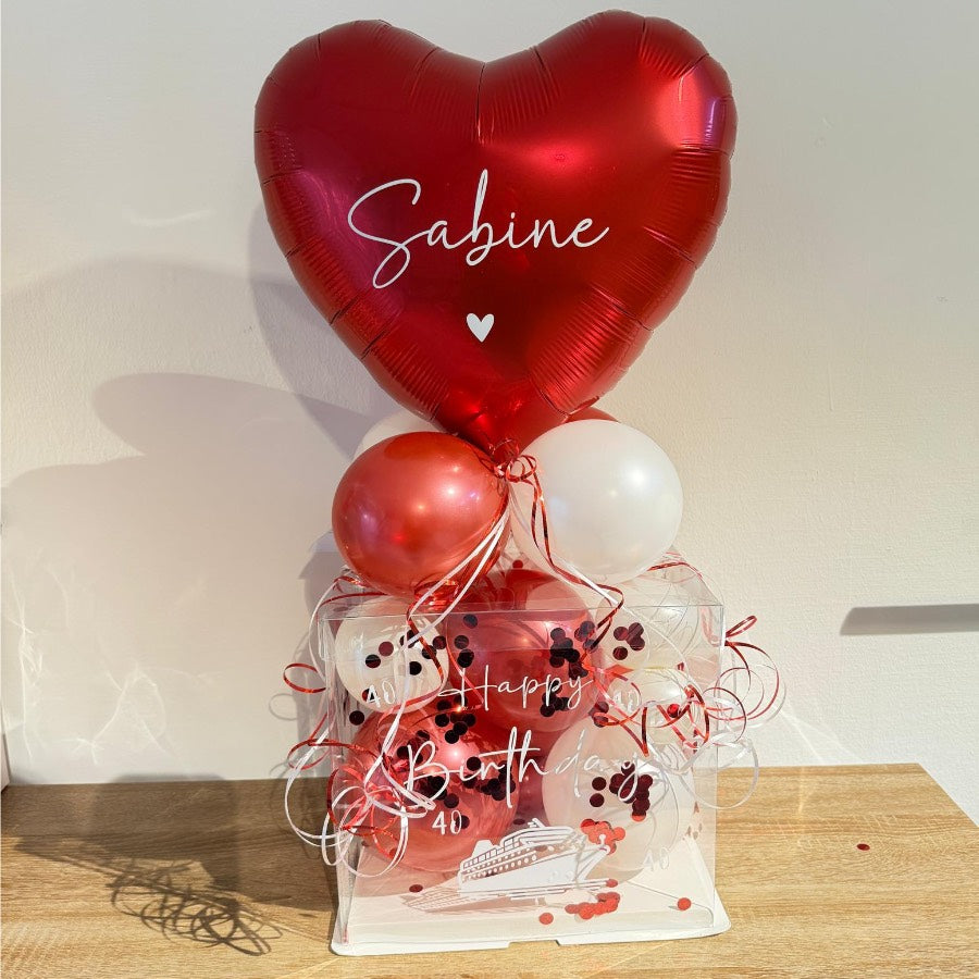Ballonbox Geburtstag mit rotem Herzballon und personalisiertem Namen