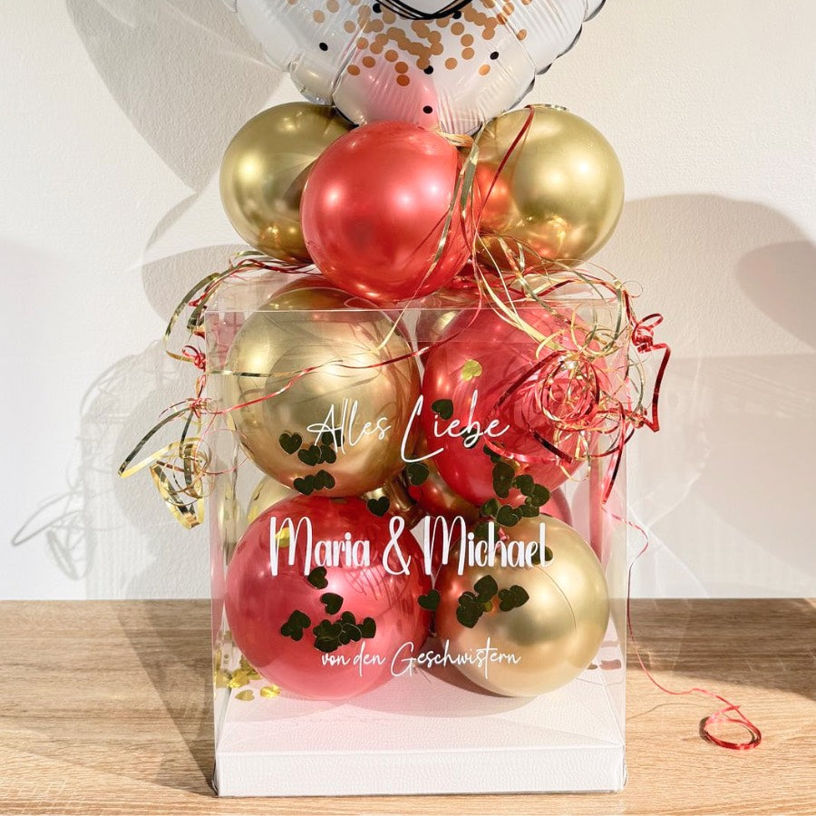 Ballonbox zur Goldhochzeit in Rot und Gold mit personalisiertem Namen und Herz-Highlightballon „Gold Hochzeit