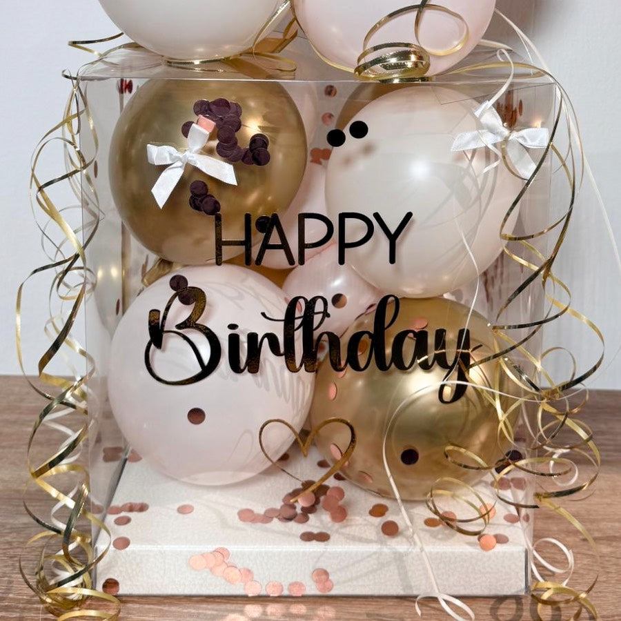 Ballonbox Geburtstag – Happy Birthday in Gold & Creme personalisiert